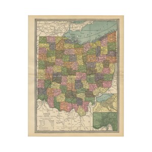 Antike farbige Karte von Ohio aus der Enzyklopädie von 1906 - Free US shipping