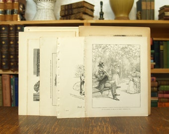 Sammlung von neun Originaldrucken und Illustrationen aus verschiedenen disbound antiken und Vintage-Kinderbüchern - Kostenloser Versand