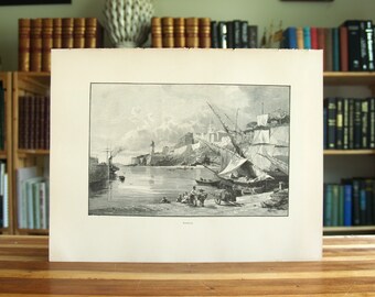 May include: A black and white engraving of a harbor scene with ships and buildings. The engraving is titled "Civita".