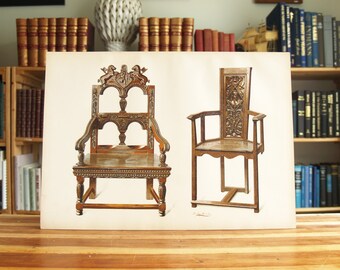 Yew Chair and Oak Cacqueteuse Chair - 10 x 15 inch antique color furniture print from 1904 "History Of English Furniture" - Free US Shipping