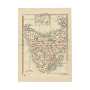 Antique color map of Tasmania from the 1890 Encyclopedia Britannica 9th edition, 9.5 x 13 inches - Free US Shipping