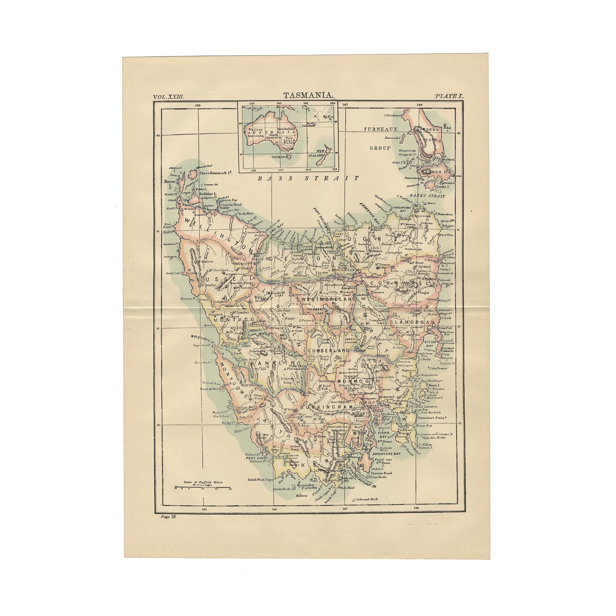 洋書 s of Tasmania Antique Color Map of Tasmania From the 1890 Encyclopedia