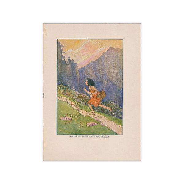Heidi - 6 x 9 inch antique color print salvaged from a 1929 edition of the classic children's book - Free US Shipping