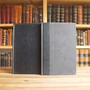 May include: Two black hardcover books with a plain cover, sitting on a wooden surface.