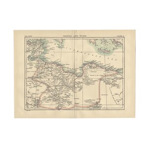 Antique color map of Tripoli from the 1890 Encyclopedia Britannica 9th edition, 9.5 x 13 inches - Free US Shipping