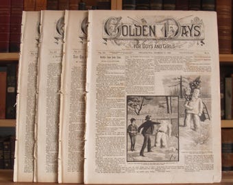 Vier antieke nummers van het kindertijdschrift Golden Days uit de jaren 1890 - gratis verzending in de VS