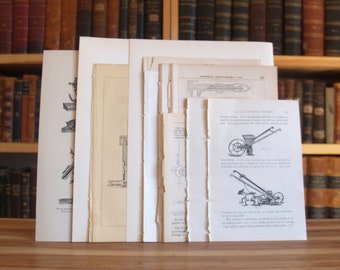 Colección de ocho grabados e ilustraciones originales de mecánica y tecnología de varios libros antiguos desmantelados - Envío gratuito a EE. UU.