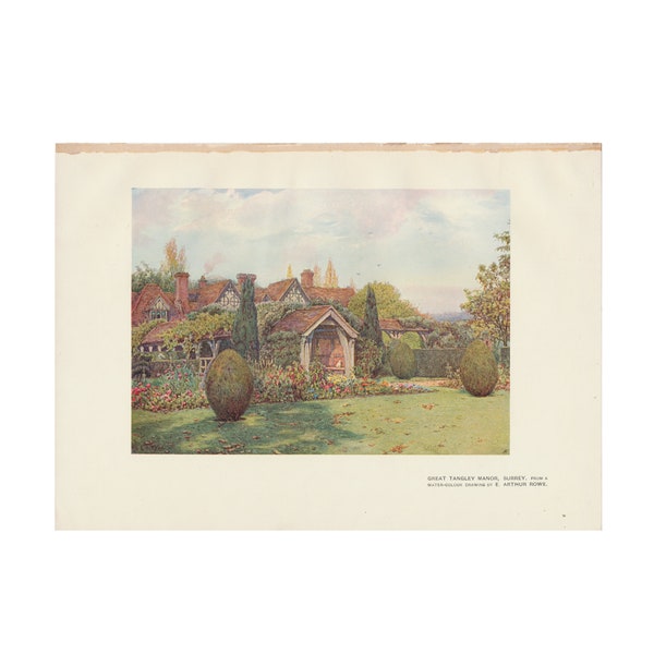 Great Tangley Manor - antique color architectural print from a watercolor by E. Arthur Rowe from 1908 - Free US Shipping