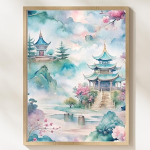 Chinoiserie Pagoda Watercolor Art Print, Blue & Pink Decor, Digital Download, Asian Art, Wall Art, Instant Download