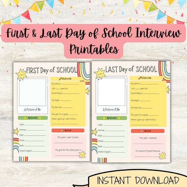 First and Last Day of School Printable | Back to School Questionnaire | All about me | School Memory Keepsake | Instant Download