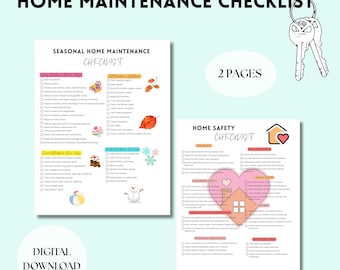May include: A digital download featuring a home maintenance checklist. The checklist includes seasonal tasks and home safety checks. The image shows two pages with text and illustrations, along with a set of keys.