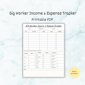 May include: A printable PDF titled "Gig Worker Income & Expense Tracker." The document features a structured layout with sections for income, expenses, and a summary. The design includes fields for date, platform, hours, miles, and earnings, with a "Digital Download" label.