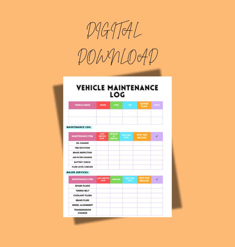 Vehicle Maintenance Checklist Printable | Car Care Log Bundle | Auto ...