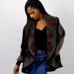 Vintage 90-tals ull boho blommig kofta - S/Meter