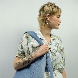 Sac cabas en jean vintage fait main des années 90/00 avec dentelle