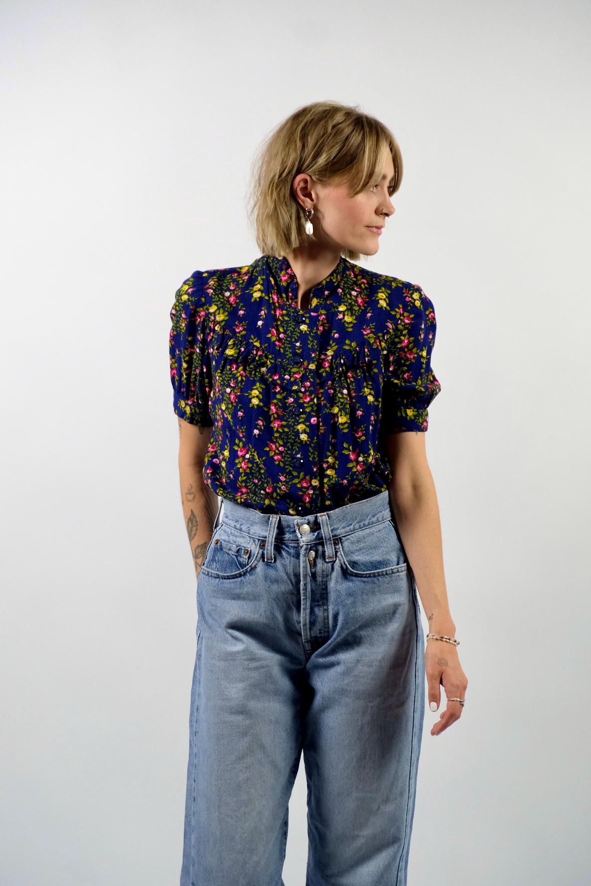 Vintage 70s Handmade Floral Print Blouse - XXS - Etsy