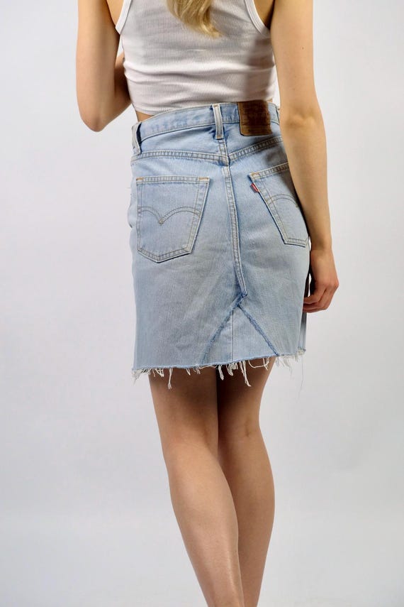 Vintage 1994 Levi's 501 Upcycled Mid Waist Fringe Denim Skirt - XS