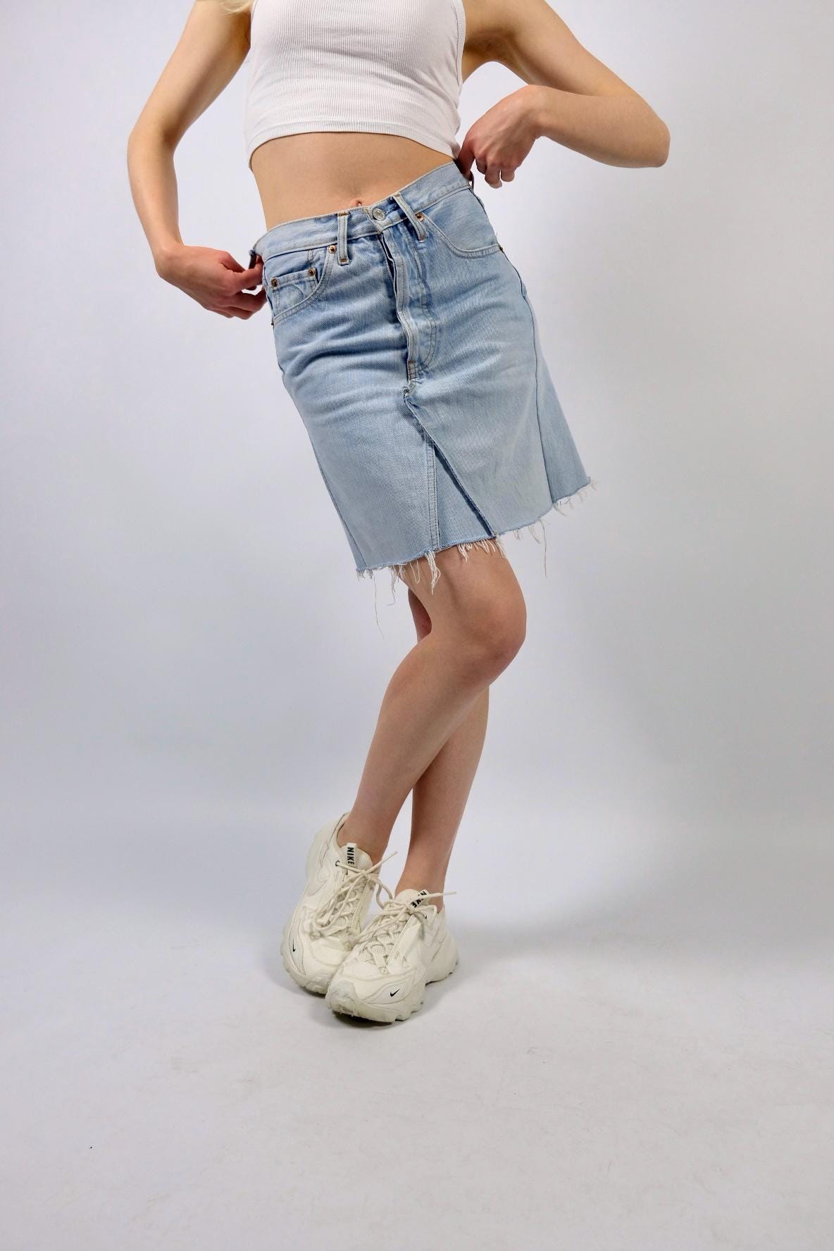 Vintage 1994 Levi's 501 Upcycled Mid Waist Fringe Denim Skirt - XS