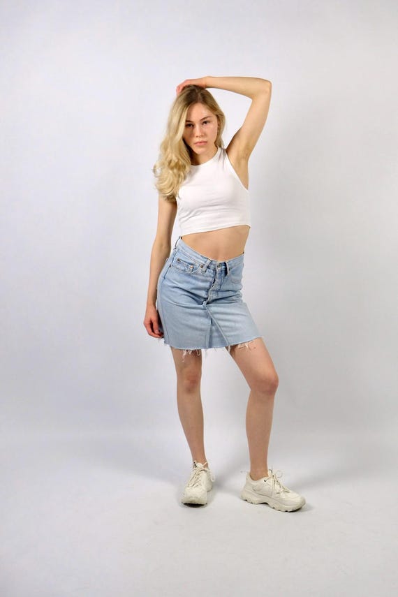 Vintage 1994 Levi's 501 Upcycled Mid Waist Fringe Denim Skirt - XS