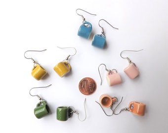 Coffee Cup Earrings mug miniature ceramic tea mugs white pink blue green yellow orange heart brown 14 colors 2 sizes