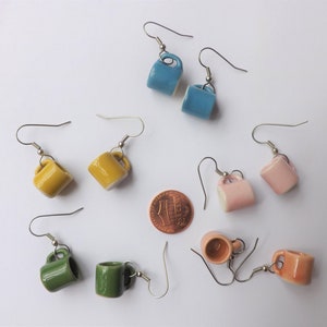 Coffee Cup Earrings mug miniature ceramic tea mugs white pink blue green yellow orange red black heart brown