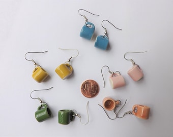 Coffee Cup Earrings mug miniature ceramic tea mugs white pink blue green yellow orange red black heart brown