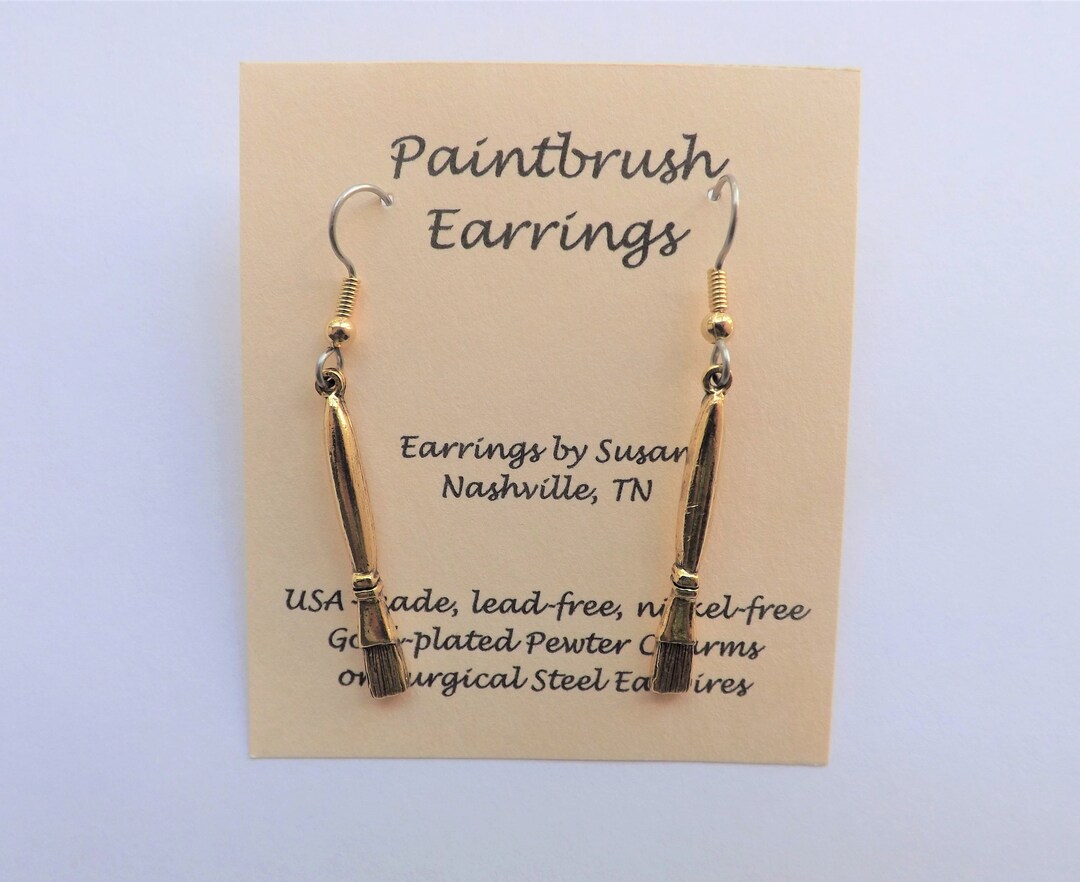 Paintbrush Charm Earrings Gold Paint Brush Art Teacher Gift Pewter Usa