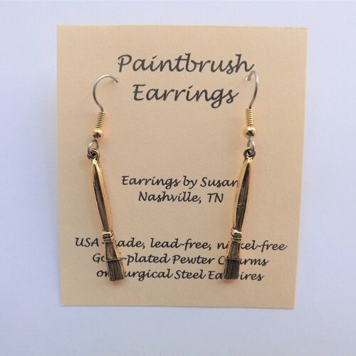 Paintbrush Charm Earrings Gold Paint Brush Art Teacher Gift Etsy