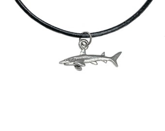 Shark charm Necklace silver pewter pendant chain leather Jimmy Buffett finhead USA-made