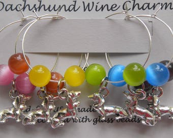 Dachshund Wine Charms Drink Stem Markers set of 6 silver pewter glass beads USA-made