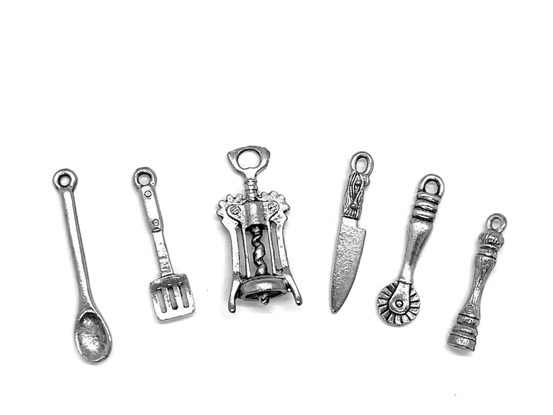 Cooking Charms Set of Utensils 6 Silver Pewter Spatula Spoon Pepper ...