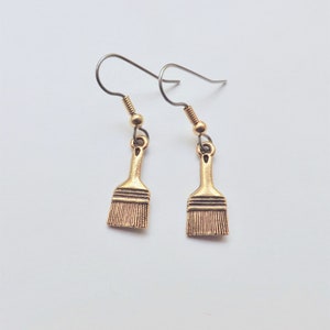 Paintbrush Charm Earrings gold wide paint brush art teacher gift pewter surgical USA-made