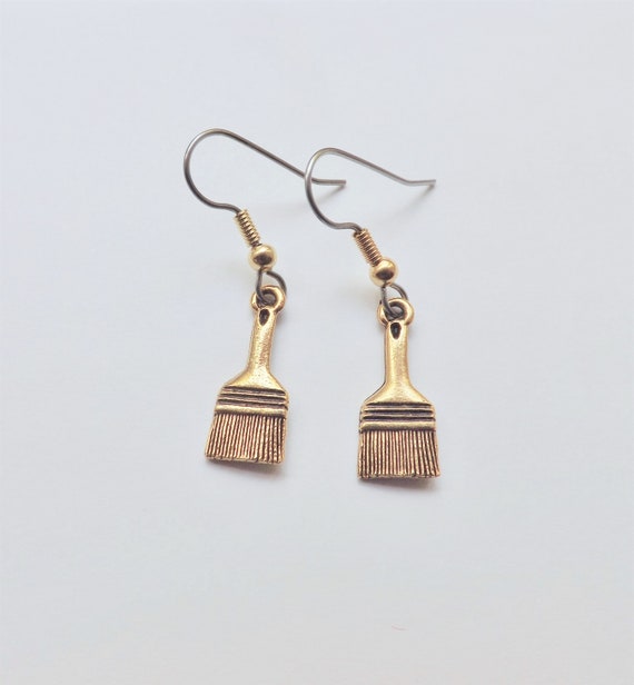 Paintbrush Charm Earrings Gold Wide Paint Brush Art Teacher Etsy