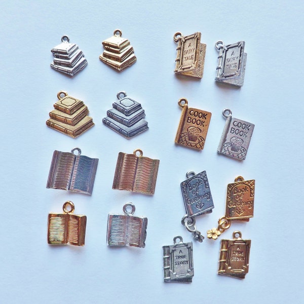 Book charms set of 8 silver or gold plated pewter made in USA lead-free