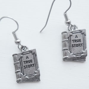 Book Charm Earrings &quot;A True Story&quot; silver pewter USA-made teacher gift