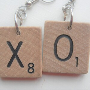 Scrabble Earrings XO for Valentine&#39;s Day Vintage Wood Tiles Wooden Letters