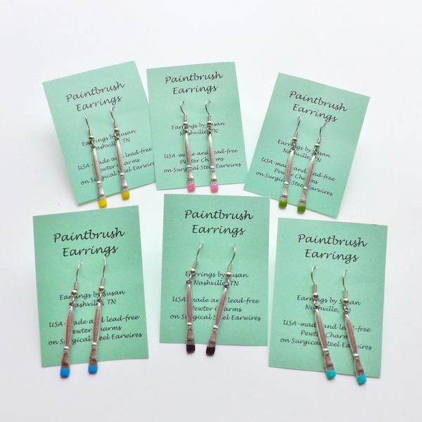 Paintbrush Charm Earrings silver paint brush art teacher gift pewter USA-made paint colors painted