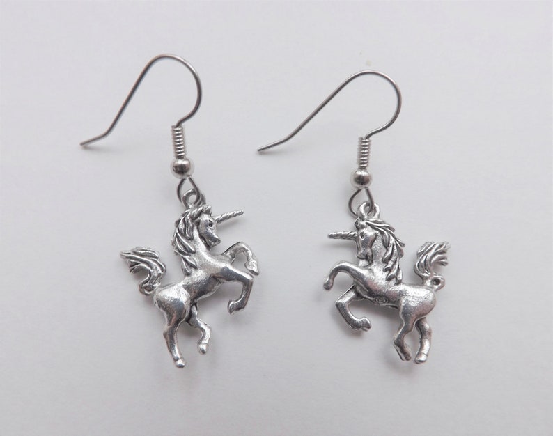 Unicorn Charm Earrings silver pewter USA-made 3-D dangle charms