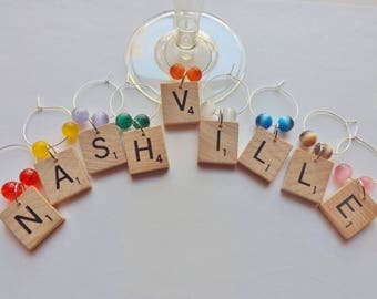 Scrabble Wine Charms or Markers Set of 9 spell Nashville or any other 9 vintage wooden letters