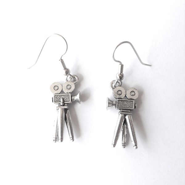 Movie camera earrings silver pewter charms film tripod photographer USA-made