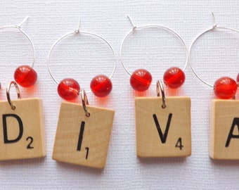 Scrabble Wine Glass Charms Markers Tags any custom set of 4 letters beads initials name