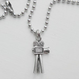Movie Camera Charm Necklace silver pewter on leather or aluminum chain USA-made