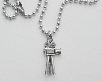 Movie Camera Charm Necklace silver pewter on leather or aluminum chain USA-made