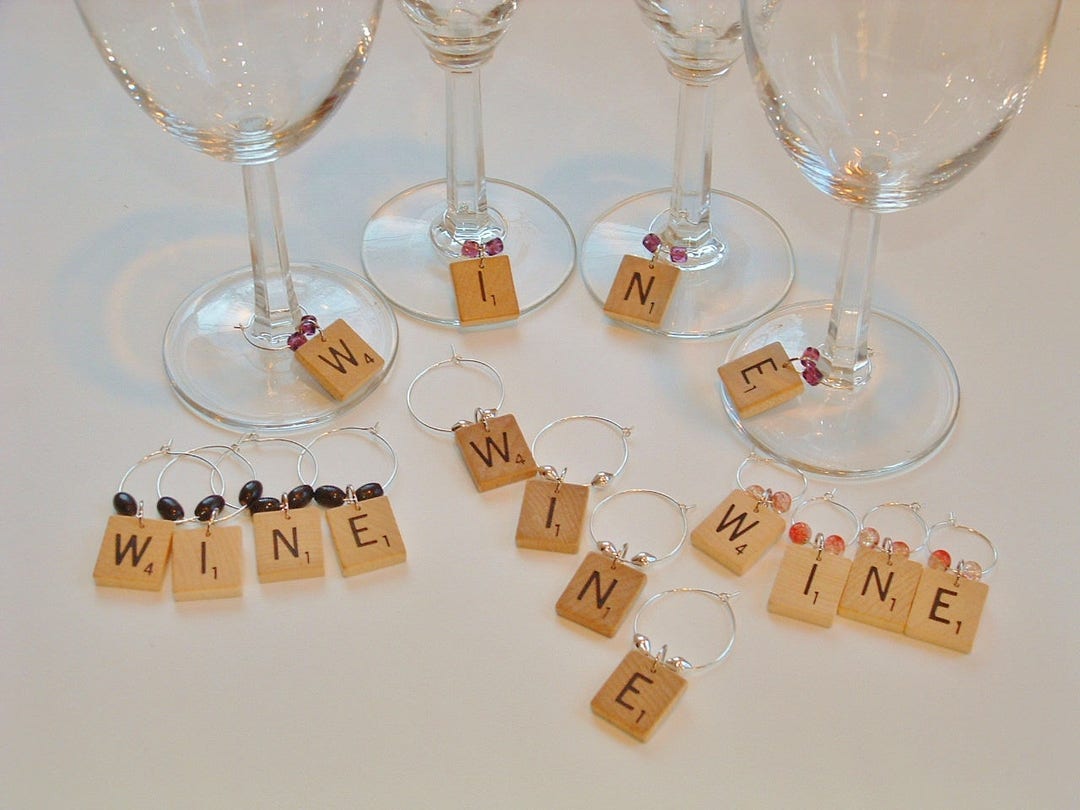 Scrabble Wine Charms Markers Set of 4 Spell WINE or Any Vintage Wooden Letters Choose Beads Etsy
