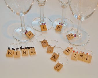 Scrabble Wine Charms Markers Set of 4 spell WINE or any vintage wooden letters choose beads