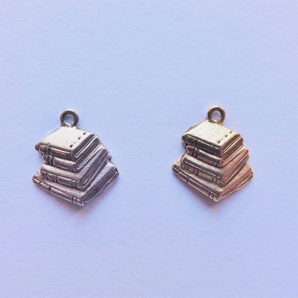 Book charm 1 silver or gold pewter stack of books lead-free nickel-free made in USA