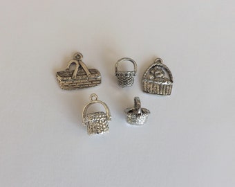 Basket charms set of 5 silver pewter Nantucket lightship cat oval round picnic