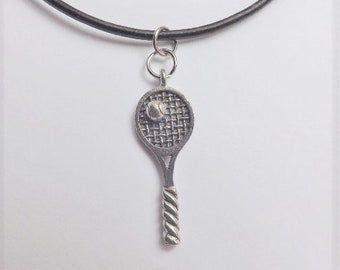 Tennis Charm Necklace silver pewter racquet black leather or aluminum chain