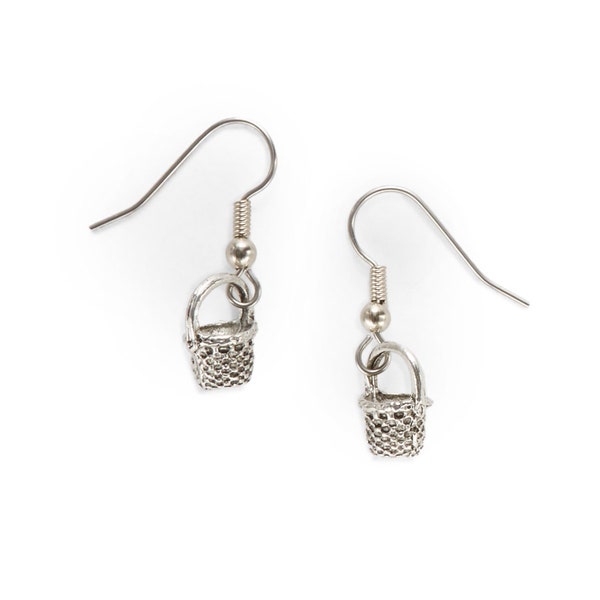 Basket Charm Earrings silver pewter round Nantucket Shaker USA-made surgical steel wires