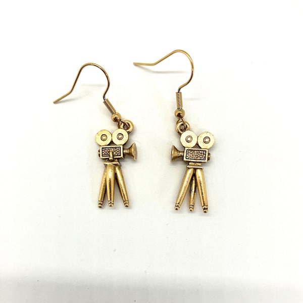 Movie camera earrings gold-plated pewter charms surgical wires film tripod photographer USA-made